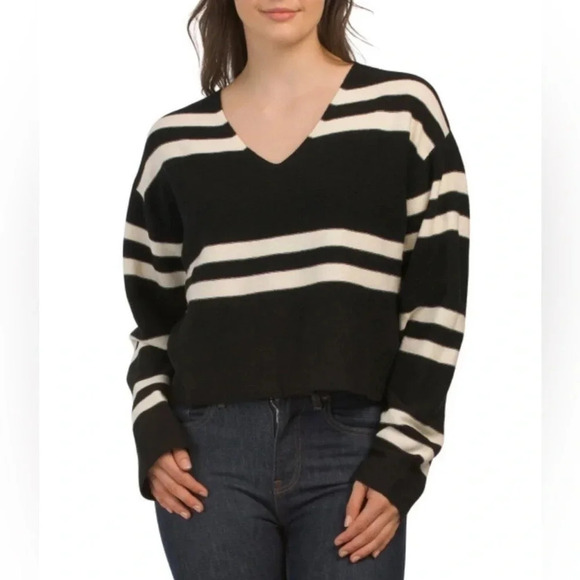 LNA Luca Striped V Neck Sweater Black Ivory Stripes Size Small - Picture 1 of 8